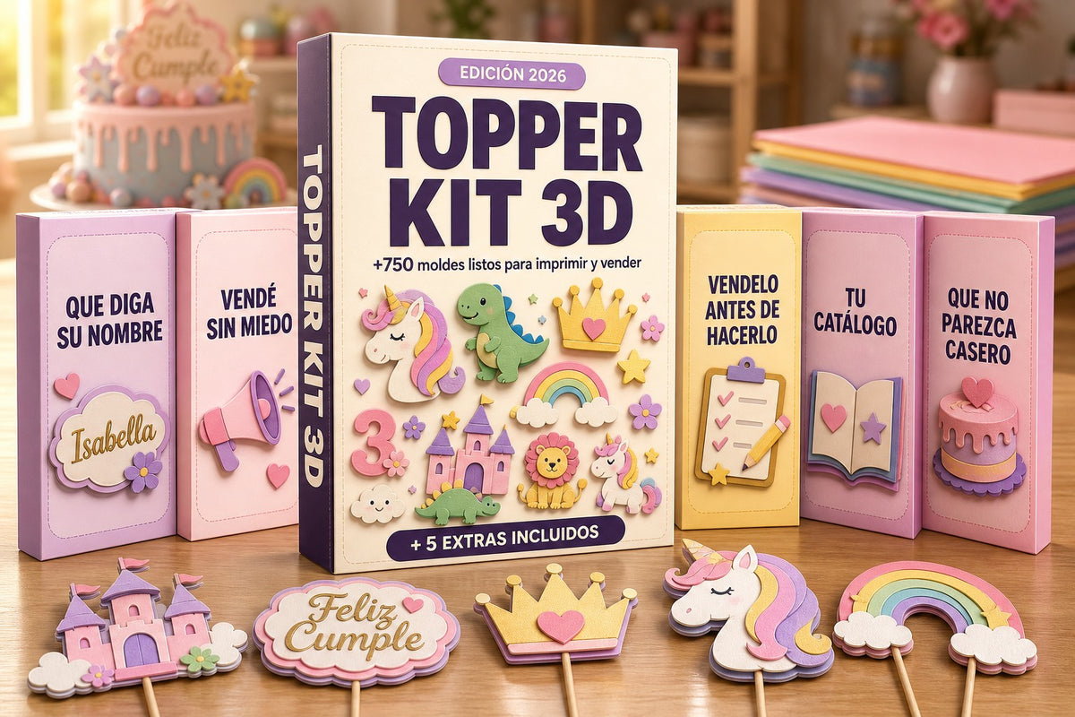 Topper Kit 3D con los 5 extras incluidos: +750 moldes listos para imprimir y vender